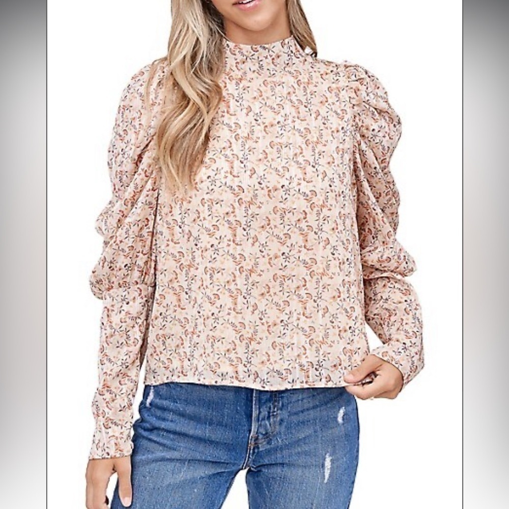 En Saison Floral-Print Puffed-Sleeve Top size M